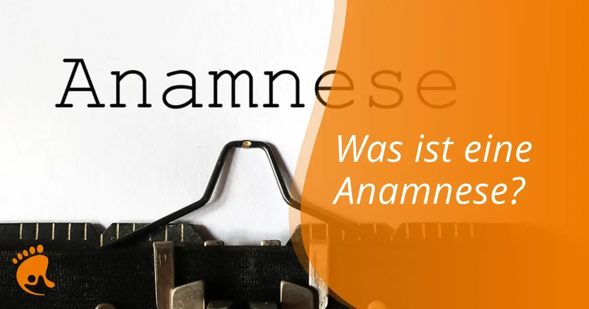 Auf einem Blatt Papier in einer Schreibmaschine steht das Wort Anamnese. Daneben steht in einem orangefarbenen Feld der Text: Was ist eine Anamnese?