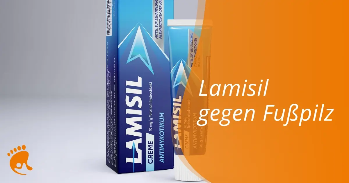 Eine Tube und eine Schachtel mit Lamisil Antimykotikum-Creme sind auf einer weißen Fläche abgebildet. Daneben steht der Text: Lamisil gegen Fußpilz